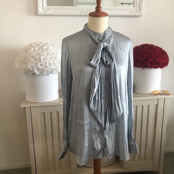 Zara | Tops | Zara Silver Blue Blouse W Bow | Poshmark